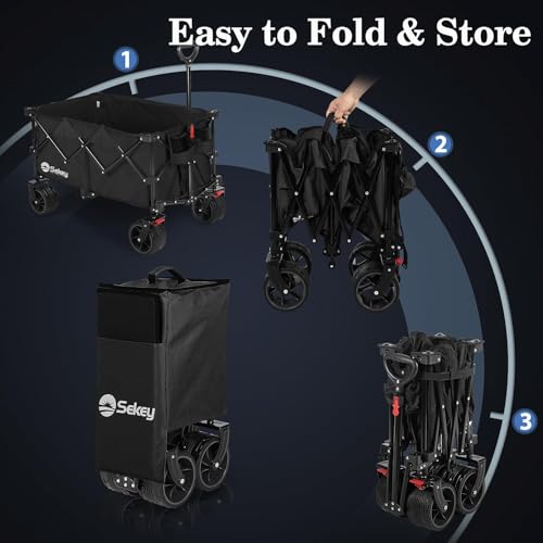 Sekey 220L Collapsible Foldable Wagon with 330lbs Weight Capacity, Heavy Duty Folding Utility Garden Cart with Big All-Terrain Beach Wheels & Drink Holders. Black Sekey