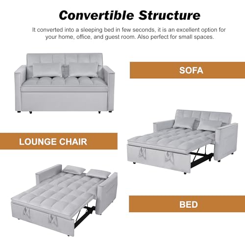 Yeehacc 3 in 1 Convertible Sleeper Sofa Bed, Pull Out Couch Loveseat Futon, Adjustable Backrest Velvet Sofa with Pillows and Side Pockets for Living Room Apartment, Light Grey Yeehacc