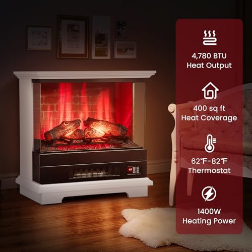 ORALNER 27” Electric Fireplace with Mantel, 3-Sided Glass View, Wooden Surround Firebox, Freestanding Fireplace Heater w/ 7 Flame Colors, Remote & 6H Timer, Overheat Protection, 1400W (White) ORALNER