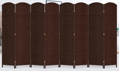 Duraspace 8 Panels Room Divider 6 FT Tall Weave Fiber Privacy Screen Freestanding Double Hinged Folding Screen Extra Wide Room Dividers for Patio Privacy (Brown) DURASPACE