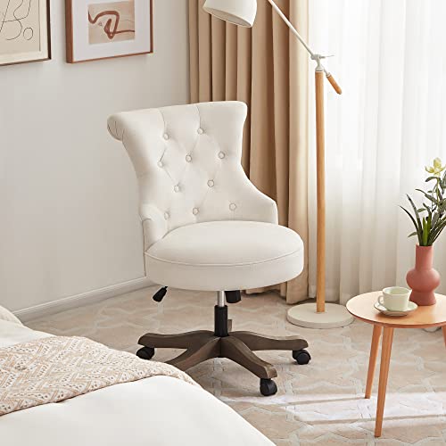 Batohom Home Office Chair Adjustable Height Swivel Chair with Wheels Linen Fabric Upholstered Computer Desk Chair with Wooden Legs Comfortable Armless Chair for Home Office Study Studio(Beige) Batohom