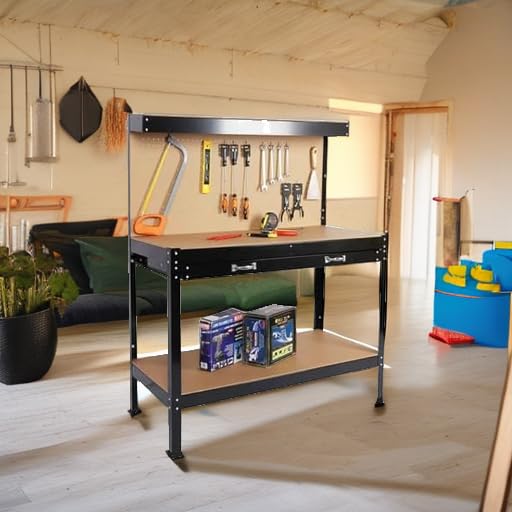 Heavy-Duty 55" Steel Workbench with Drawer & Pegboard - Versatile Tool Organizer, 300 lbs Capacity, Ideal for Workshops, Garages & Home Projects HEIGHYOXP