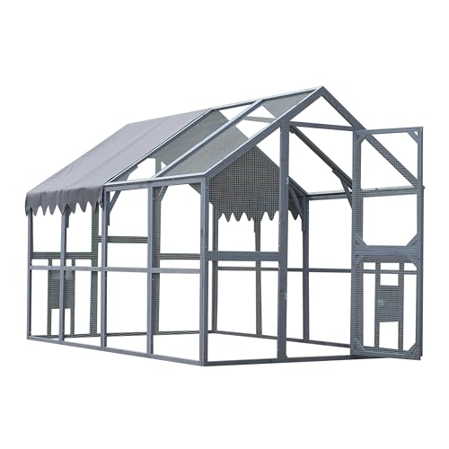 YOPTO 109.6'' Large Wood Chicken Coop Enclosures,Walk-in Poultry Cage, Chicken Run Pen Duck House with Waterproof and Anti-Ultraviolet Cover for Outdoor Farm Use Spire Roof, Grey YOPTO