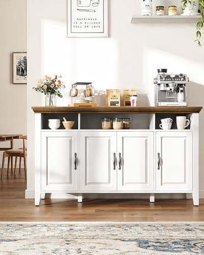Marsail Sideboard Buffet Cabinet with Storage, 55" Farmhouse Kitchen Buffet Bar Table 4 Door Storage Cabinets for Dining Room Furniture, Wood White Marsail