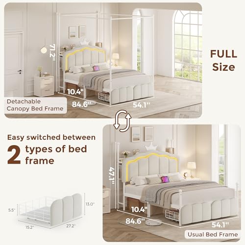 Full Velvet Upholstered LED Canopy Bed Frame with 2 Storage Drawers and Charging Station, Crown Headboard with Bookshelf, Two-Use Princess Platform Bed with 4 Removable Posts,Metal Slats Support-Beige