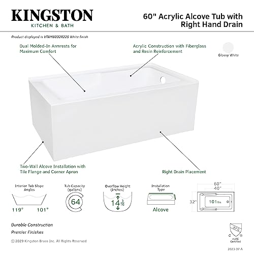 Aqua Eden VTAM6032R22S 60-Inch Acrylic 2-Wall Corner Alcove Tub with Corner Apron, Right Hand Drain Hole, White Kingston Brass