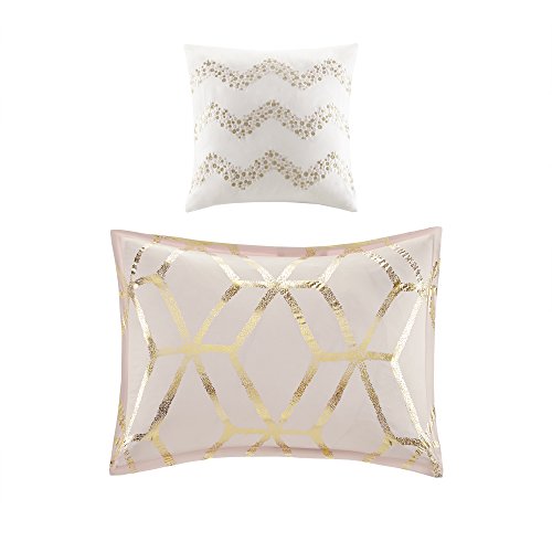 Comfort Spaces Vivian Comforter Set Ultra Soft All Season Lightweight Modern Geometric Glam Metallic Print Bedding, Matching Sham, Decorative Pillow, Full/Queen, Geometric Blush/Gold Comfort Spaces