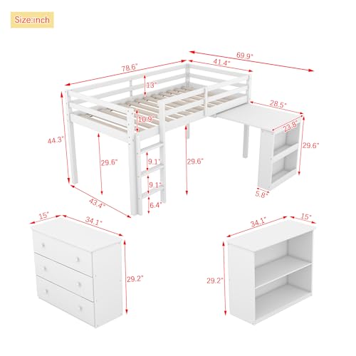 SOFTSEA Twin Size Low Loft Bed with Desk and Storage, Twin Size Loft Bed with Portable Desk, Storage Drawers & Shelves for Kids Teens, Wood Loft Bed with Bookshelf, White SOFTSEA
