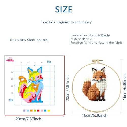 Zhenqing Fox Cross Stitch Kit for Beginners, 11CT Printed 20x20cm with 16cm Hoop, Cute Animal Embroidery Set(70736)