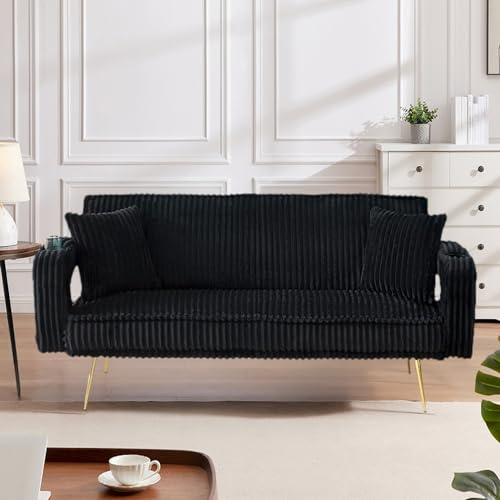 73" Convertible Futon Sofa Bed,Modern Corduroy Sleeper Couch with 3 Reclining Backrests,Golden Chrome Legs,Comfy Cloud Sofa Loveseat for Small Living Room Bedroom Office (Black) Majnesvon