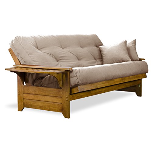 Nirvana Futons Brentwood Tray Arm Futon Frame, Drawers, and Microfiber Khaki Mattress Set - Queen, Heritage Finish Nirvana Futons