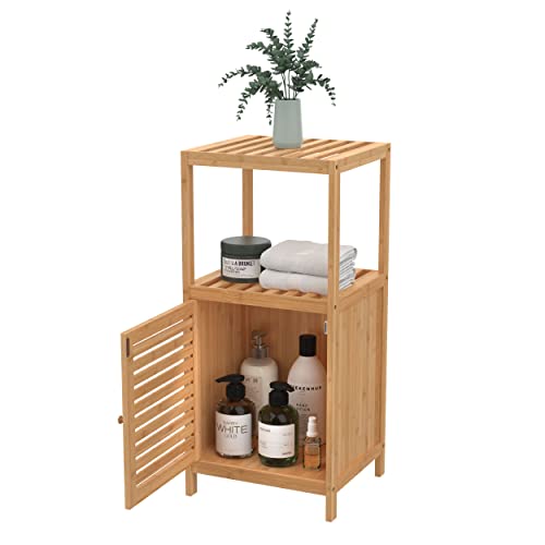 ClosetMaid Bamboo Storage, Freestanding Floor Cabinet with Single Door, 3 Shelves, for Bathroom, Living Room, Slide Table, Natural Finish ClosetMaid