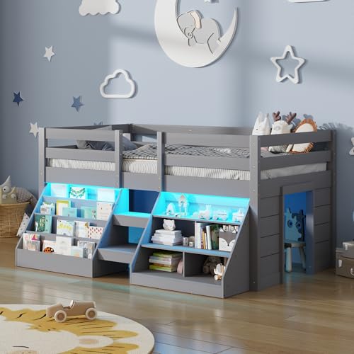 St.Mandyu Twin Size Low Loft Bed with LED Lights, Kids Twin Loft Bed with Stairs, Bookcase, Safety Guardrail and Under-Bed Play Space, Grey St.Mandyu