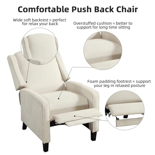 INZOY Wingback Pushback Recliner Chair, Fabric Push Back Recliners with Padded Seat, Mid Century Modern Reclining Chair for Living Room Bedroom, White