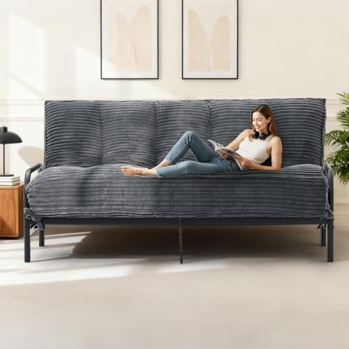 feliz home 10" Futon Mattress Queen Size,Futons Sofa Couch Bed with Straps, Thick Corduroy Floor Mattress for Adults, Roll Up Folding Mattress Shredded Foam Filling, Medium Firm (Gray, Full) feliz home