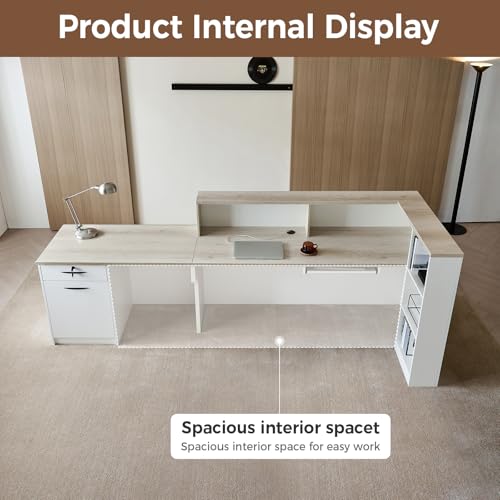 Huariifowm 110" L-Shaped Reception Desk with Counter, Drawers, Open Shelves and Keyboard Tray, Modern Front Desk for Office Reception Area, Oak+Warm White, Right Cabinet Huariifowm