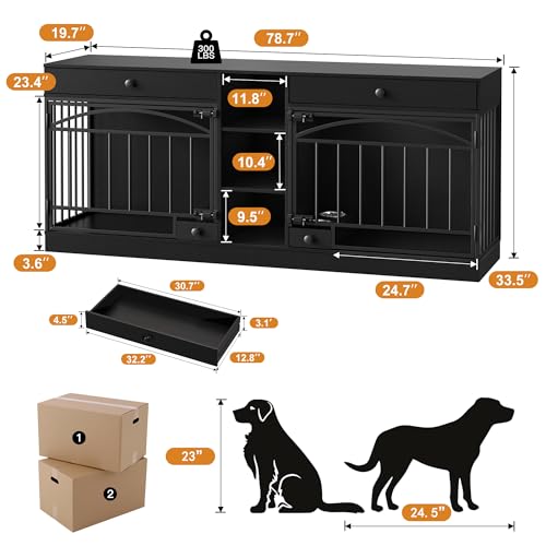IDEALHOUSE 78.7" Double Dog Crate Furniture with Storage and 2 Doors, Dog Kennel Indoor with Feeding Bowls, Wood Dog Crate TV Stand for Small Medium Dogs, Black IDEALHOUSE