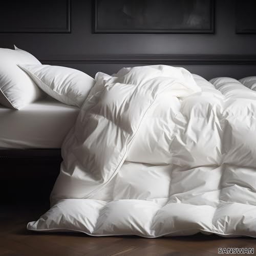 Luxury Goose Down Comforter King Size, 750 Fill Power All Season Fluffy Duvet Insert, 56oz Medium Weight, Soft Cotton Fabric, Hotel Bedding Comforter with Corner Tabs, 106 x 90 Inch SANSWAN