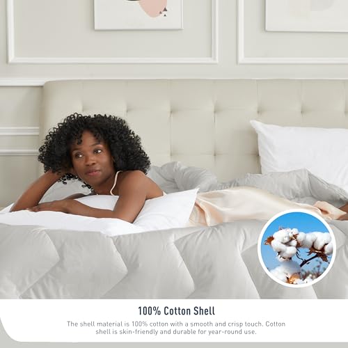 HOMTEC Queen Size Duvet Insert - All Season 100% Cotton Comforter - Quilted Fluffy Down Alternative Duvet Insert - Light Gray - Soft Breathable & Lightweight with 4 Corner Tabs HOMTEC