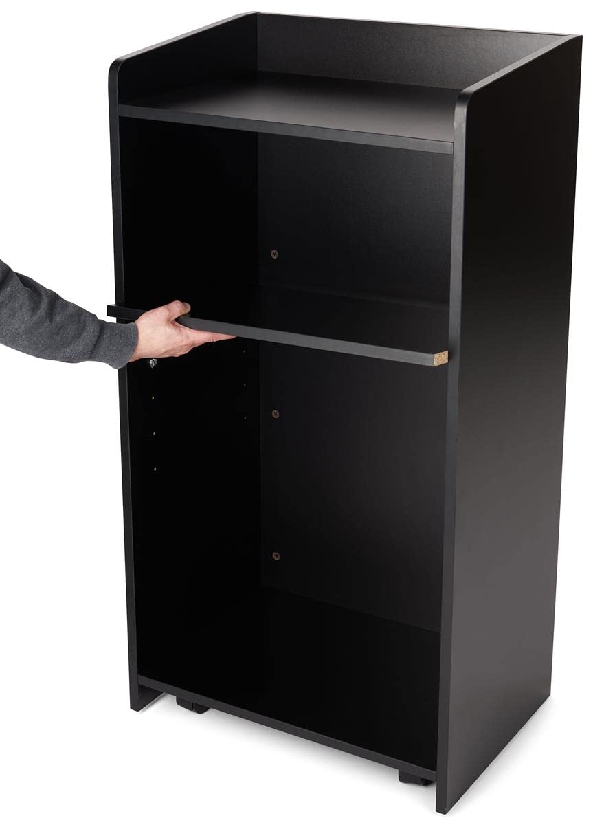 Displays2go Hostess Station, Hidden Wheels, Adjustable Shelf, Black (LCKDPHSBK) Displays2go