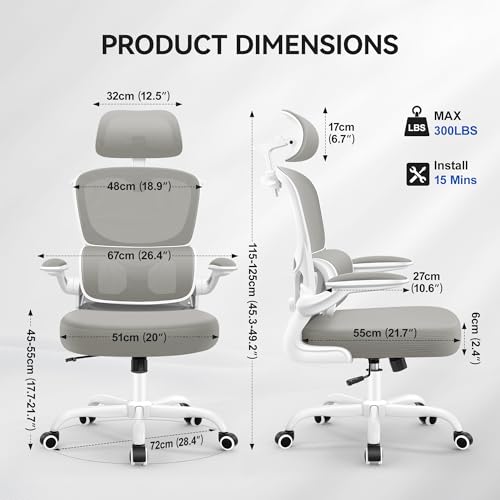 ALLGOD Ergonomic Office Chair, Mesh Desk Chair with Lumbar Support, High Back Home Office Chair with Adjustable Headrest and Flip-Up Arms, Comfortable Computer Chair, Thick Cushion, 300 LBS, LightGray ALLGOD