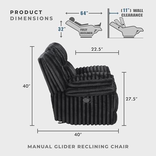 Lexicon Manual Glider Recliner Chair, Corduroy Manual Tab Pull Reclining Chair with Pillow Top Arms, Plush Cushions, Cozy Theater-Style Accent for Living Room/Bedroom, Easy Assembly, Black