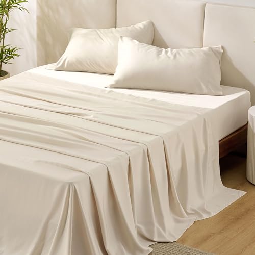 Bedsure King Size Sheets Set, Cooling Sheets for Hot Sleepers, Rayon Derived from Bamboo, Breathable & Soft, Deep Pocket Up to 16 Inches, Hotel Luxury Silky Bedding, Light Beige Bedsure