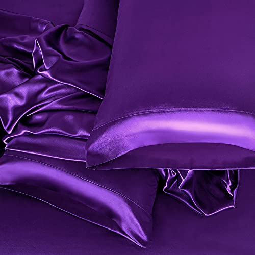 Homiest 4pcs Satin Sheets Set Luxury Silky Satin Bedding Set with Deep Pocket, 1 Fitted Sheet + 1 Flat Sheet + 2 Pillowcases (King Size, Purple) Homiest