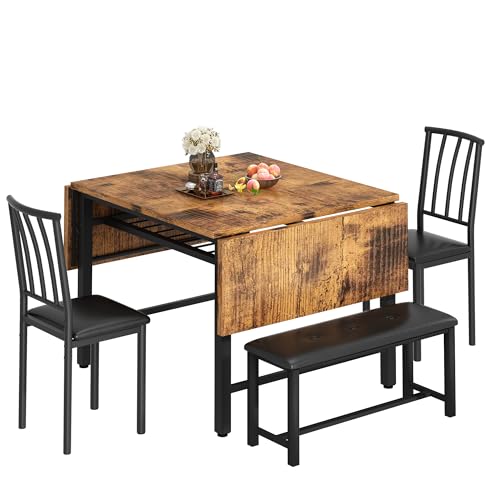 AWQM 4-Piece Faux Wood Drop Leaf Dining Table with Storage Rack, Space Saving Breakfast Nook Table Set with 2 Backrest Chairs and 1 Upholstered Bench, Kitchen Dining Table and Chairs Set for 2-4 AWQM