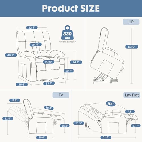 DUMOS Power Lift Recliner Chair with Vibration Massage and Heat for Elderly, Ergonomic Overstuffed Breathable Fabric Reclining Chair with 3 Pockets, Remote Control, Living Room, Bedroom, Grey DUMOS