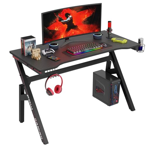 PayLessHere 47 Inch Gaming Desk PC Carbon Fiber Table Ultimate Gamer Workstation with Cup Holder & Headphone Hook for Home Office,Red PayLessHere