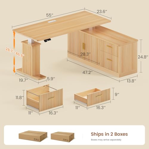 SEDETA L Shaped Electric Standing Desk, 55 inch Height Adjustable Office Executive Desk with Storage Drawers, Fluted Sit Stand Corner Computer Desk with Power Outlets for Home Office, Oak SEDETA
