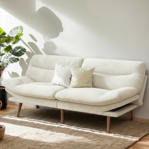 PERLECARE Convertible Futon Sofa Bed, 66" Corduroy Futon Couch with Adjustable Backrest and Armrests, 3-in-1Recliner Sleeper Sofa for Small Spaces, Play Room,Living Room or Office(66 in,White) PERLECARE