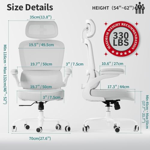 TRALT Ergonomic Office Chair - Desk Chair with Adjustable Headrest Lumbar Support Computer Chair - Mesh Comfy Chair with Flip-up Armrests - Gaming Chairs for Adults Home Office (Leather, White) TRALT