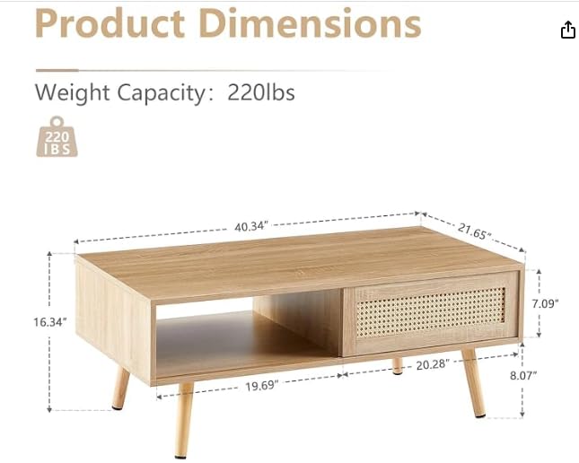 Forsho Rattan Coffee Table Mid Century Modern Coffee Table with Storage 41.3 Inch Wooden Accent Center Sofa Table with Sliding Woven Door Panel and Solid Wood Legs Perfect for Living Room Forsho