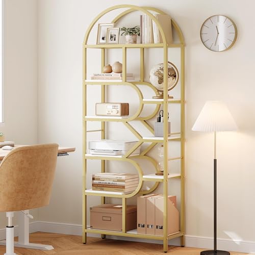 Garvee Bookshelf 6 Tier Arched, Bookcase 82 in Tall Display Racks, Geometric Open Storage Shelf, Book Rack Metal Frame Large Modern Bookshelf for, Living Room, Home, Office, Gold+White Garvee