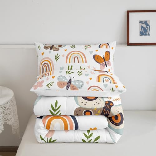 Homewish Boho Rainbow Comforter Set Twin Size Cute Butterfly Bedding Set 2pcs for Kids Girls Boys Adult Room Decor Cartoon Love Heart Palm Leaves Quilt Set Animals Botanical Duvet Insert,1 Pillowcase Homewish