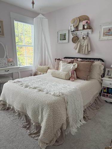 BuLuTu Carmine Flower Print Duvet Cover Full, Soft Lightweight Cotton Muslin Quilt Cover with Zipper Closure Floral Comforter Cover Ruffles Princess Bedding, Machine Washable, Camellia Pattern BuLuTu