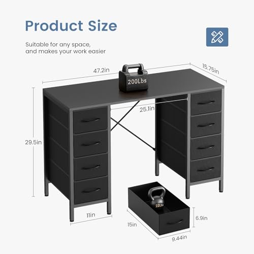 DUMOS 47 Inch Computer Desk with 8 Fabric Drawers, Office Gaming Desk with Storage, Writing Study Table with X-Shaped Reinforced Structure, Black DUMOS
