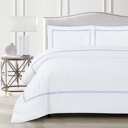 Dreamology White Duvet Cover Luxury Hotel Quality Bedding Set 100% Cotton Embroidered Duvet Covers with 2 Pillow Shams Hypoallergenic Zipper Closure 3 Pieces Duvet Set (Sky Blue, King) Dreamology