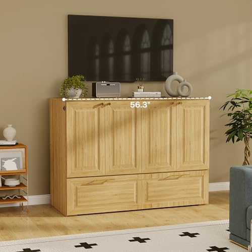 Jotirxe Full Murphy Bed Cabinet: Oak Cabinet Bed with Charging Station, Cube Murphy Beds with Drawers, Modern Hidden Beds for Small Spaces, Guest Room and Office Jotirxe