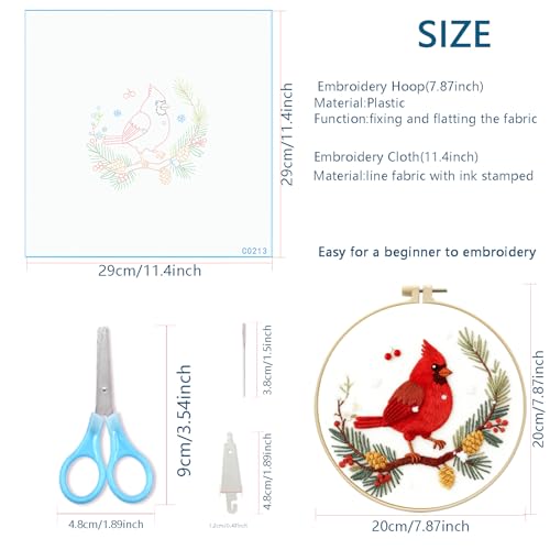 Zhenqing Red Bird in Winter Embroidery Kit for Beginners, Pre-Printed 29x29cm Cotton Fabric with 20cm Hoop, Featuring Pine Cones, Berries and Snow Design (C0213)