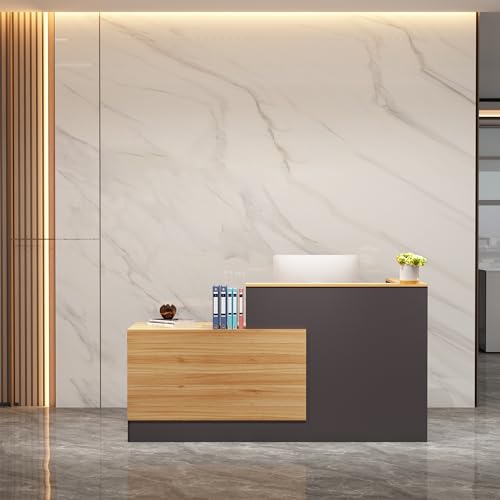 Zethvax L-Shaped Reception Desk,Large Front Desk with Keyboard Tray, Lockable Drawers & File Cabinet, Receptionist Desk for Checkout,Lobby (Right L-Natural Wood/Slate Gray, 71''L x 23.6''W x 41.3''H) Zethvax