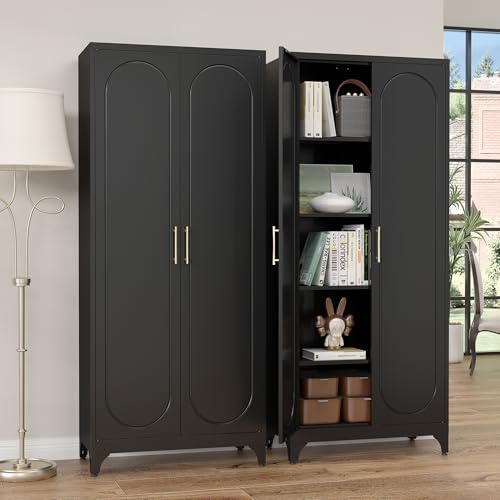 SteeLoong Kitchen Pantry Cabinet,75 Inch Black Metal Storage Cabinet with Door and Adjustable, Tall Pantry Cabinets for Kitchen Storage,Cupboard for Living Room,Dining Room and Bathroom SteeLoong