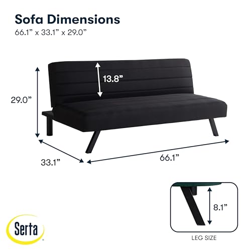 Serta® Damien 66.1" Convertible Futon Sofa, Dreamcoil® Comfort, FingerGuard® Pinch Point Protection, Woven Polyester Fabric, Black Serta