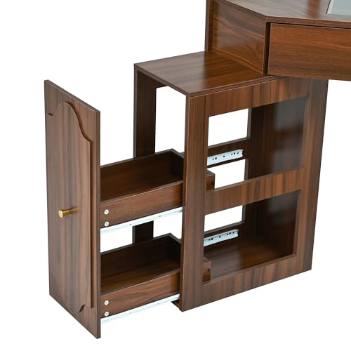 XD Designs Corner Vanity Desk Set with Storage Cushioned Stool, Triangle Makeup Desk with Removable Pull-Out Side Cabinet, Visible Glass Tabletop, Drawer and Charging Station (Walnut-9.8) XD Designs