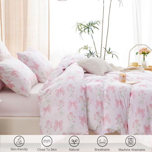 Jolusere Floral Duvet Cover Queen Pink Bow Bedding Set for Girls Kids, Princess Style Bowknot Flower Design, Coquette Duvet Cover Set 3 Pieces, 2 Pillowcases, 100% Microfiber Jolusere