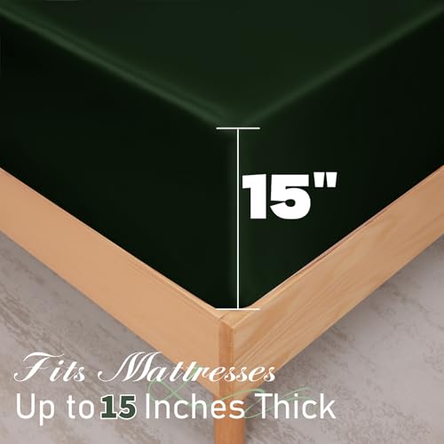NSGZ 3 Pcs Satin Fitted Sheet and Pillowcase Set, Full Silky Bottom Bedsheet Fit up to 15 Inch Deep Pocket Mattress, Dark Green Soft Satin Bedding Includes 1 Fitted Sheet and 2 Pillowcases NSGZ