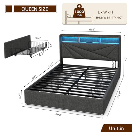 Driftalia Queen Bed Frame with 4 Storage Drawers, Upholstered Bed Frame Queen Size with LED Lights Headboard and Charging Station, No Box Spring Needed, Easy Assembly - Dark Grey Driftalia