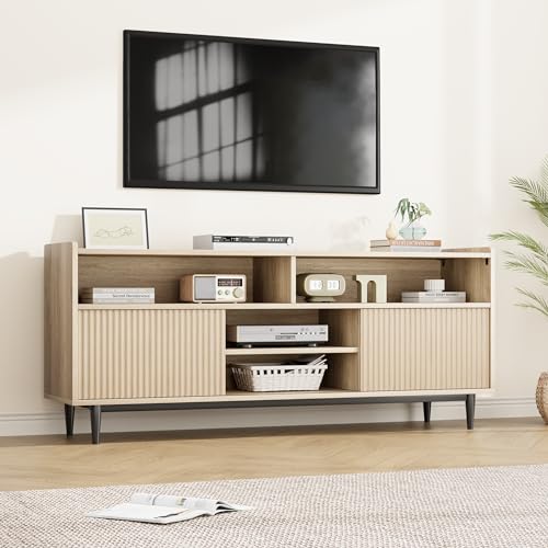GAOMON Fluted TV Stand for 70 inch, Modern Entertainment Center with Storage and Sliding Doors, Wood Media Console Cabinet Furniture TV Console Table for Living Room Bedroom, Natural Oak GAOMON
